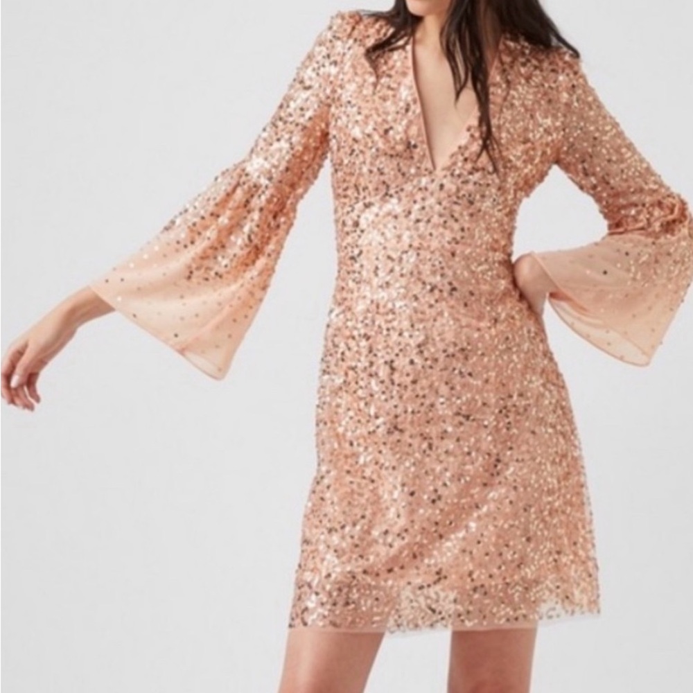 French Connection Sparkling Long Sleeve Dress in Rose Gold Size 10